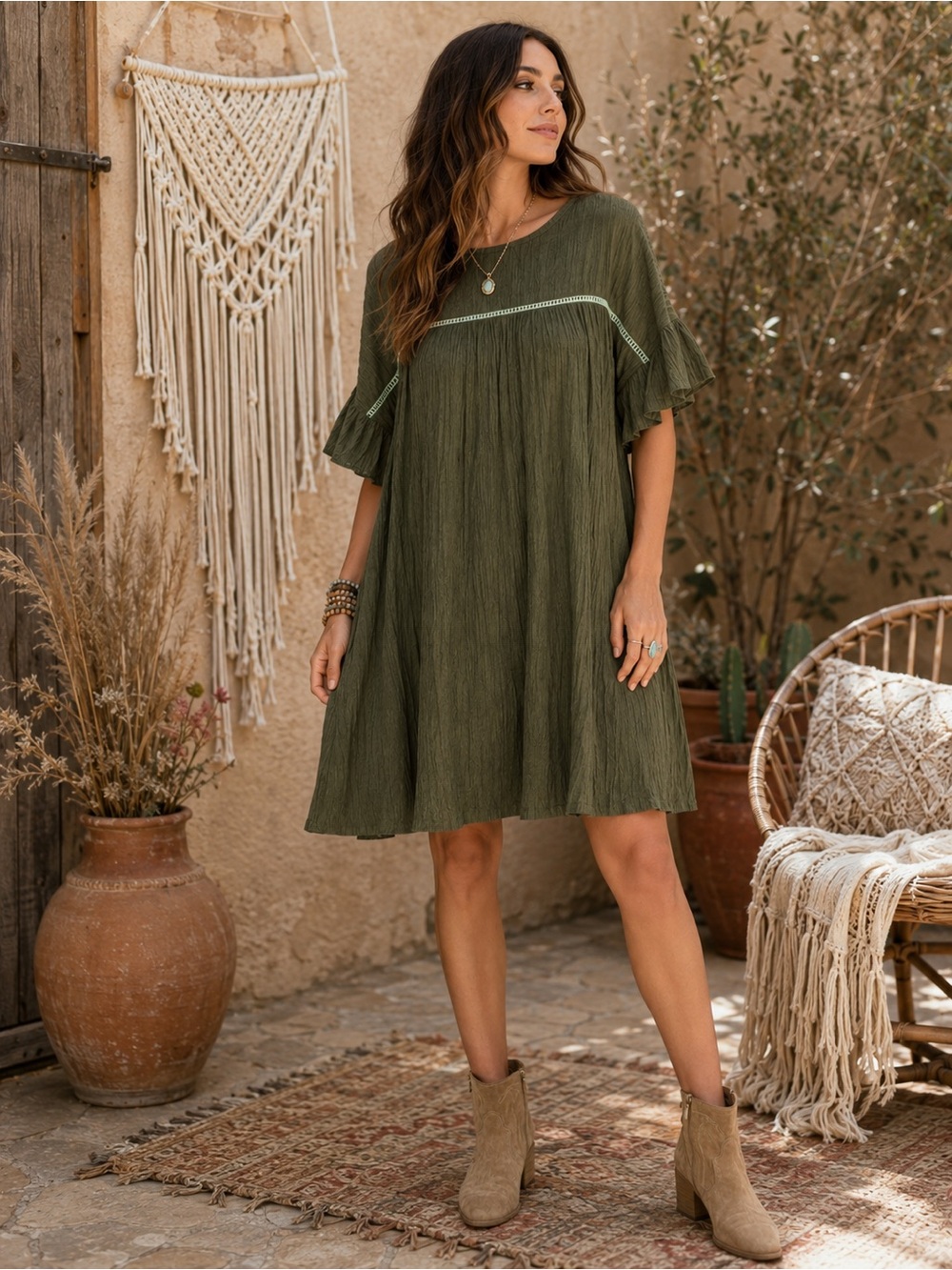 Elleborn Crepe Babydoll Ruffled Sleeve Boho Dress Moss Green Like New Medium
